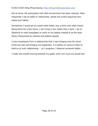 © 2013-2014 Pang Ming-Kwong, http://PowerfulVisualization.com
eat at home. My association with that environment has been reduced. More
frequently I eat at cafés or restaurants, slowly but surely acquiring new
tastes and habits.
Sometimes I would go to a posh hotel lobby, buy a drink and read a book.
Being there for a few hours, I am living in the reality that I want. I go to
Starbuck to read newspaper or work on my laptop instead of at the local
library frequented by retirees and jobless people.
I even breakaway from a relationship that I was hanging onto for some
times but was not bringing me happiness. It is better to move on than to
hold on to such relationship……as I progress, I deserve someone better.
I really see myself moving towards my goals, and I am sure you would too!

Page 28 of 34

 