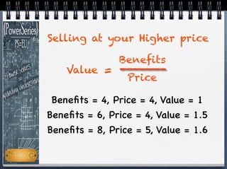 Beneﬁts = 4, Price = 4, Value = 1
Beneﬁts = 6, Price = 4, Value = 1.5
Beneﬁts = 8, Price = 5, Value = 1.6
Selling at your ...