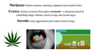 Marijuana hinders memory, learning, judgment and reaction times.
Ecstasy destroys neurons that makes serotonin - a chemical crucial in
controlling sleep, violence, mood swings and sexual urges.
Steroids cause aggressions and violent mood swings.
 