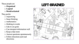 LEFT-BRAINED
These people are
o Organized
o Logical
o Detail-oriented
They prefer
o sequencing
o linear thinking
o mathematics
o thinking in words
o Like to set goals
o Can interpret information well
o Keep a tidy room
o Answer questions spontaneously
o Follow directions and read
directions
 