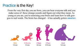 Practice is the Key!
From the very first day you are born, you can hear everyone talk and you
make sense of these strange sounds and figure out what they mean. As
young as you are, you’re exercising your brain and learn how to talk goo-
goo to real words. The brain has changed – it has actually gotten smarter.
 
