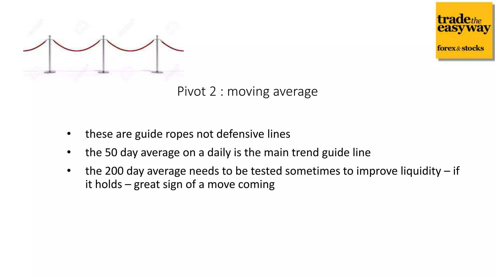 • these are guide ropes not defensive lines
• the 50 day average on a daily is the main trend guide line
• the 200 day average needs to be tested sometimes to improve liquidity – if
it holds – great sign of a move coming
Pivot 2 : moving average
 