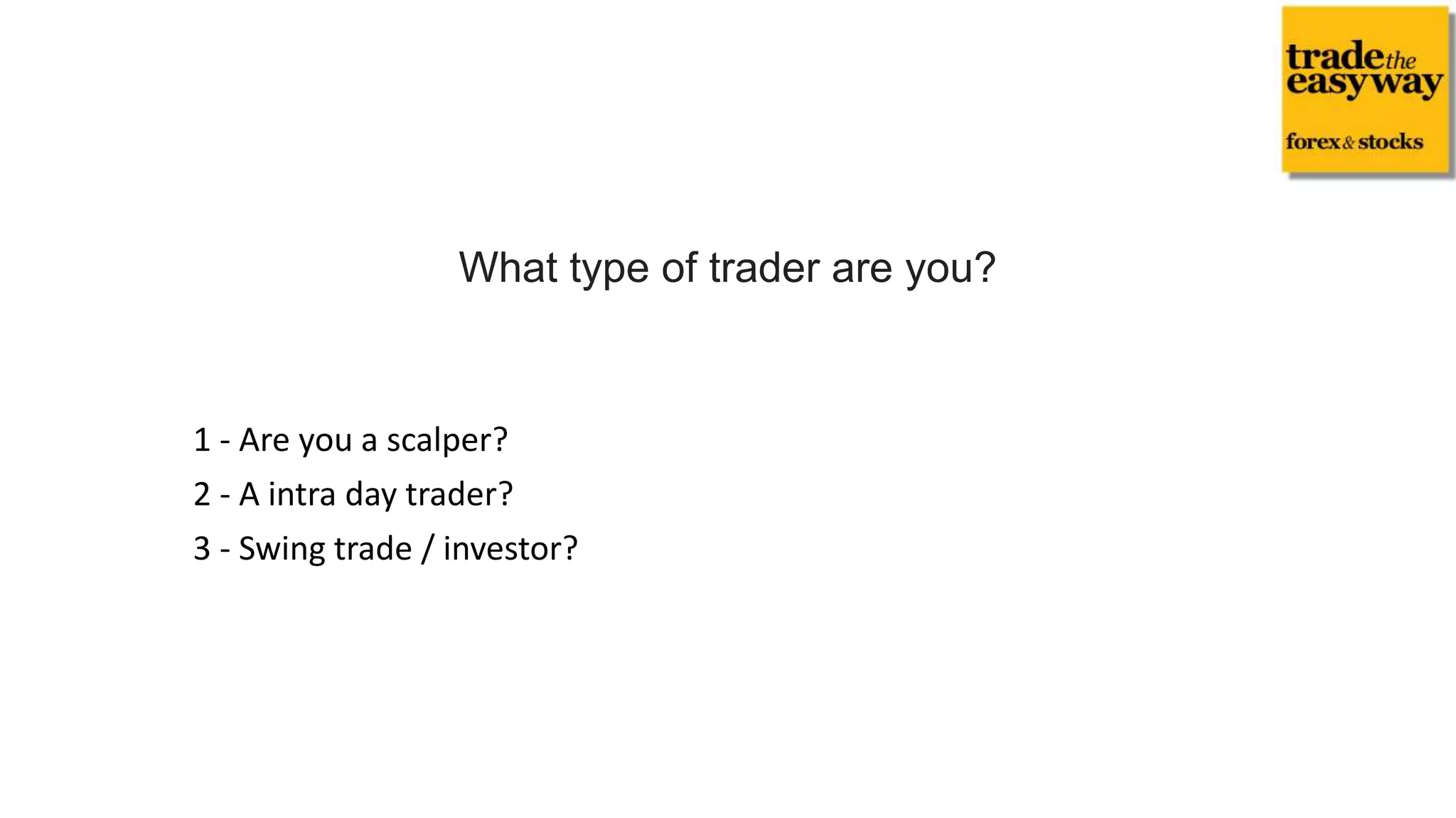 1 - Are you a scalper?
2 - A intra day trader?
3 - Swing trade / investor?
What type of trader are you?
 