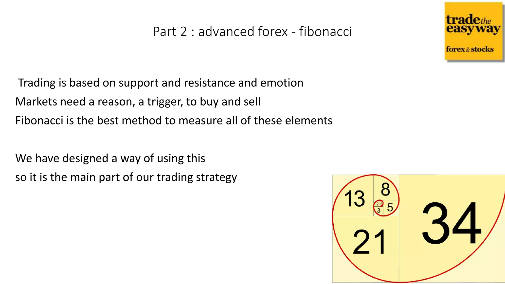 Trading is based on support and resistance and emotion
Markets need a reason, a trigger, to buy and sell
Fibonacci is the best method to measure all of these elements
We have designed a way of using this
so it is the main part of our trading strategy
Part 2 : advanced forex - fibonacci
 