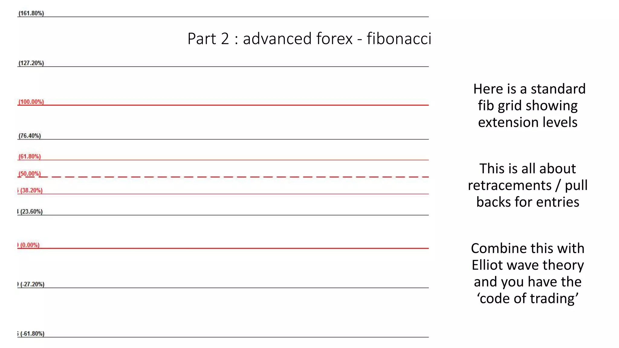 Here is a standard
fib grid showing
extension levels
This is all about
retracements / pull
backs for entries
Combine this with
Elliot wave theory
and you have the
‘code of trading’
Part 2 : advanced forex - fibonacci
 