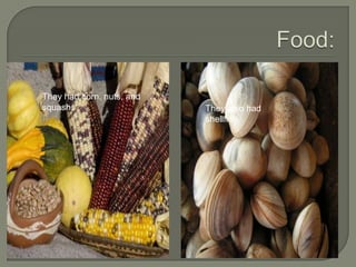Food:They had corn, nuts, and squash.They also had shellfish.