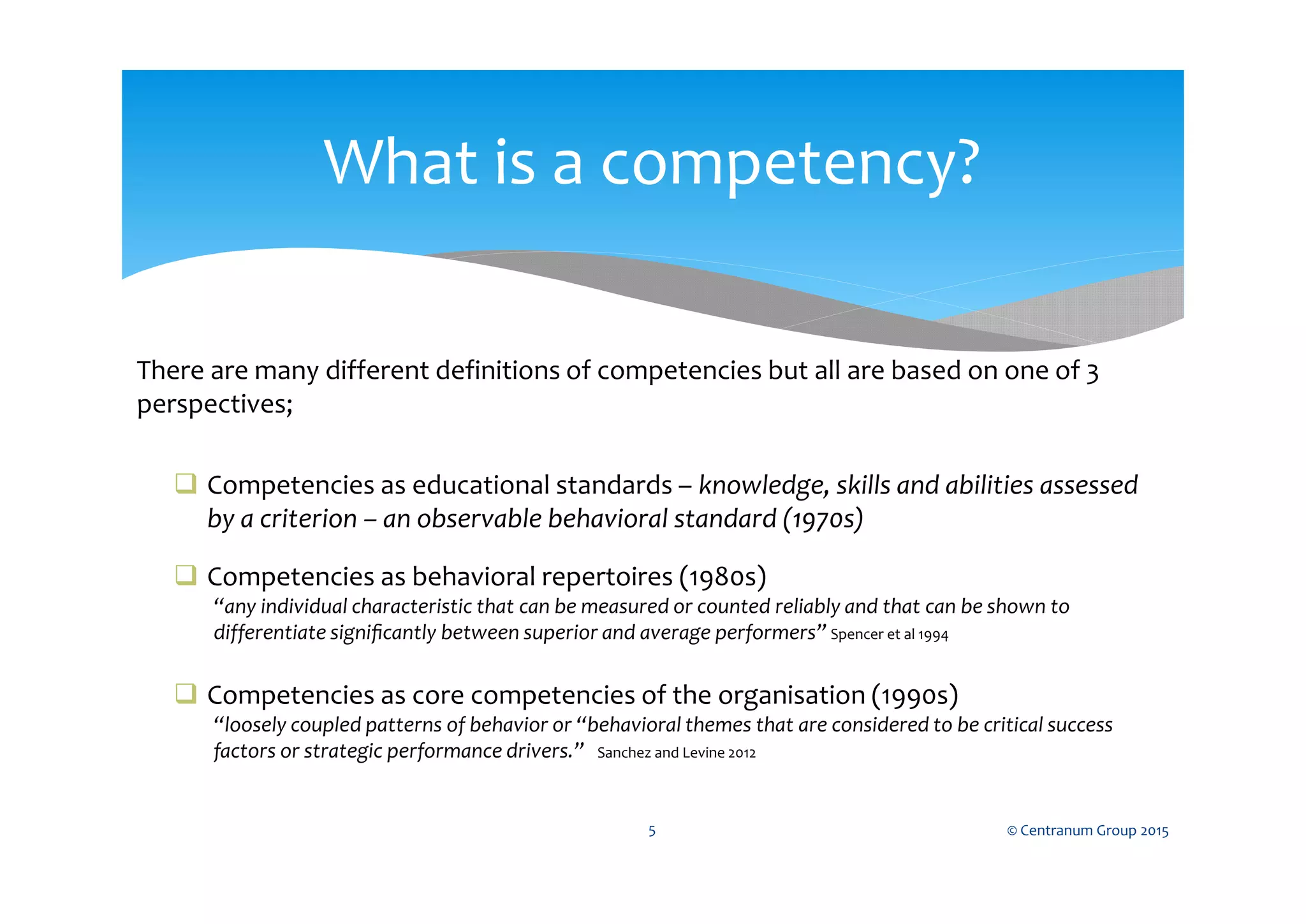 There are many different definitions of competencies but all are based on one of 3
perspectives;
 Competencies as educational standards – knowledge, skills and abilities assessed
by a criterion – an observable behavioral standard (1970s)
 Competencies as behavioral repertoires (1980s)
“any individual characteristic that can be measured or counted reliably and that can be shown to
differentiate signiﬁcantly between superior and average performers” Spencer et al 1994
 Competencies as core competencies of the organisation (1990s)
“loosely coupled patterns of behavior or “behavioral themes that are considered to be critical success
factors or strategic performance drivers.” Sanchez and Levine 2012
© Centranum Group 20155
What is a competency?
 