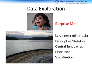 Data Exploration
Large reservoir of data
Descriptive Statistics
Central Tendencies
Dispersion
Visualization
Surprise Me!
 