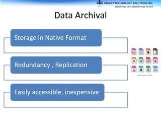 Data Archival
Storage in Native Format
Redundancy , Replication
Easily accessible, inexpensive
 