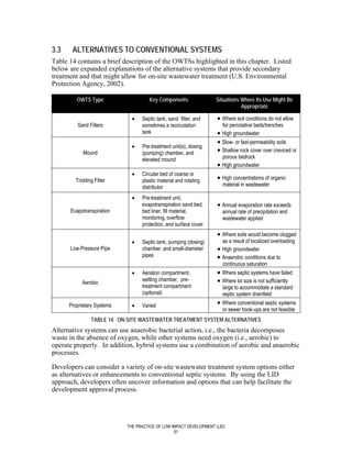 3.3    ALTERNATIVES TO CONVENTIONAL SYSTEMS
Table 14 contains a brief description of the OWTSs highlighted in this chapter. Listed
below are expanded explanations of the alternative systems that provide secondary
treatment and that might allow for on-site wastewater treatment (U.S. Environmental
Protection Agency, 2002).

         OWTS Type                    Key Components                Situations Where Its Use Might Be
                                                                               Appropriate

                              •   Septic tank, sand filter, and     • Where soil conditions do not allow
         Sand Filters             sometimes a recirculation           for percolative beds/trenches
                                  tank                              • High groundwater
                                                                    • Slow- or fast-permeability soils
                              •   Pre-treatment unit(s), dosing
            Mound                 (pumping) chamber, and            • Shallow rock cover over creviced or
                                  elevated mound                      porous bedrock
                                                                    • High groundwater
                              •   Circular bed of coarse or
        Trickling Filter          plastic material and rotating     • High concentrations of organic
                                  distributor                         material in wastewater

                              •   Pre-treatment unit,
                                  evapotranspiration sand bed,      • Annual evaporation rate exceeds
      Evapotranspiration          bed liner, fill material,           annual rate of precipitation and
                                  monitoring, overflow                wastewater applied
                                  protection, and surface cover
                                                                    • Where soils would become clogged
                              •   Septic tank, pumping (dosing)       as a result of localized overloading
      Low-Pressure Pipe           chamber, and small-diameter       • High groundwater
                                  pipes                             • Anaerobic conditions due to
                                                                      continuous saturation
                              •   Aeration compartment,             • Where septic systems have failed
           Aerobic
                                  settling chamber, pre-            • Where lot size is not sufficiently
                                  treatment compartment               large to accommodate a standard
                                  (optional)                          septic system drainfield
      Proprietary Systems     •   Varied                            • Where conventional septic systems
                                                                      or sewer hook-ups are not feasible
                TABLE 14. ON-SITE WASTEWATER TREATMENT SYSTEM ALTERNATIVES
Alternative systems can use anaerobic bacterial action, i.e., the bacteria decomposes
waste in the absence of oxygen, while other systems need oxygen (i.e., aerobic) to
operate properly. In addition, hybrid systems use a combination of aerobic and anaerobic
processes.

Developers can consider a variety of on-site wastewater treatment system options either
as alternatives or enhancements to conventional septic systems. By using the LID
approach, developers often uncover information and options that can help facilitate the
development approval process.




                            THE PRACTICE OF LOW IMPACT DEVELOPMENT (LID)
                                                 61
 