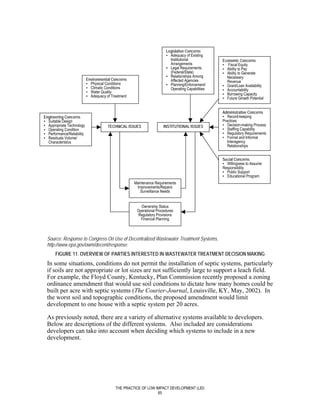 Legislative Concerns
                                                                        ▪ Adequacy of Existing
                                                                          Institutional            Economic Concerns
                                                                          Arrangements             ▪ Fiscal Equity
                                                                        ▪ Legal Requirements       ▪ Ability to Pay
                                                                          (Federal/State)          ▪ Ability to Generate
                                                                        ▪ Relationships Among        Necessary
                            Environmental Concerns                        Affected Agencies
                            ▪ Physical Conditions                                                    Revenue
                                                                        ▪ Planning/Enforcement/    ▪ Grant/Loan Availability
                            ▪ Climatic Conditions                         Operating Capabilities   ▪ Accountability
                            ▪ Water Quality
                            ▪ Adequacy of Treatment                                                ▪ Borrowing Capacity
                                                                                                   ▪ Future Growth Potential


                                                                                                   Administrative Concerns
Engineering Concerns                                                                               ▪ Record-keeping
▪ Suitable Design                                                                                  Practices
▪ Appropriate Technology                TECHNICAL ISSUES               INSTITUTIONAL ISSUES        ▪ Decision-making Process
▪ Operating Condition                                                                              ▪ Staffing Capability
▪ Performance/Reliability                                                                          ▪ Regulatory Requirements
▪ Residuals Volume/                                                                                ▪ Formal and Informal
  Characteristics                                                                                     Interagency
                                                                                                      Relationships


                                                                                                   Social Concerns
                                                                                                   ▪ Willingness to Assume
                                                                                                   Responsibility
                                                                                                   ▪ Public Support
                                                                                                   ▪ Educational Program
                                                      Maintenance Requirements
                                                       Improvements/Repairs
                                                         Surveillance Needs


                                                         Ownership Status
                                                       Operational Procedures
                                                        Regulatory Provisions
                                                         Financial Planning



  Source: Response to Congress On Use of Decentralized Wastewater Treatment Systems,
  http://www.epa.gov/owm/decent/response.
       FIGURE 11. OVERVIEW OF PARTIES INTERESTED IN WASTEWATER TREATMENT DECISION MAKING
  In some situations, conditions do not permit the installation of septic systems, particularly
  if soils are not appropriate or lot sizes are not sufficiently large to support a leach field.
  For example, the Floyd County, Kentucky, Plan Commission recently proposed a zoning
  ordinance amendment that would use soil conditions to dictate how many homes could be
  built per acre with septic systems (The Courier-Journal, Louisville, KY, May, 2002). In
  the worst soil and topographic conditions, the proposed amendment would limit
  development to one house with a septic system per 20 acres.

  As previously noted, there are a variety of alternative systems available to developers.
  Below are descriptions of the different systems. Also included are considerations
  developers can take into account when deciding which systems to include in a new
  development.




                                            THE PRACTICE OF LOW IMPACT DEVELOPMENT (LID)
                                                                 65
 