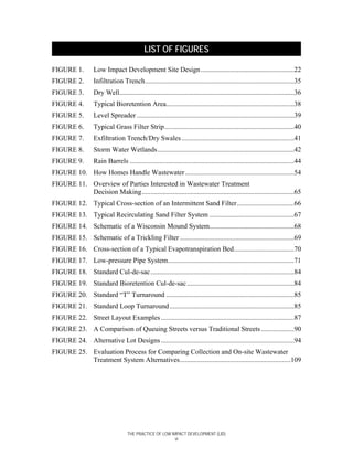 LIST OF FIGURES

FIGURE 1.          Low Impact Development Site Design ......................................................22
FIGURE 2.          Infiltration Trench......................................................................................35
FIGURE 3.          Dry Well.....................................................................................................36
FIGURE 4.          Typical Bioretention Area..........................................................................38
FIGURE 5.          Level Spreader ...........................................................................................39
FIGURE 6.          Typical Grass Filter Strip...........................................................................40
FIGURE 7.          Exfiltration Trench/Dry Swales .................................................................41
FIGURE 8.          Storm Water Wetlands...............................................................................42
FIGURE 9.          Rain Barrels ...............................................................................................44
FIGURE 10. How Homes Handle Wastewater ...............................................................54
FIGURE 11. Overview of Parties Interested in Wastewater Treatment
           Decision Making........................................................................................65
FIGURE 12. Typical Cross-section of an Intermittent Sand Filter.................................66
FIGURE 13. Typical Recirculating Sand Filter System .................................................67
FIGURE 14. Schematic of a Wisconsin Mound System.................................................68
FIGURE 15. Schematic of a Trickling Filter ..................................................................69
FIGURE 16. Cross-section of a Typical Evapotranspiration Bed...................................70
FIGURE 17. Low-pressure Pipe System.........................................................................71
FIGURE 18. Standard Cul-de-sac ...................................................................................84
FIGURE 19. Standard Bioretention Cul-de-sac ..............................................................84
FIGURE 20. Standard “T” Turnaround ..........................................................................85
FIGURE 21. Standard Loop Turnaround ........................................................................85
FIGURE 22. Street Layout Examples .............................................................................87
FIGURE 23. A Comparison of Queuing Streets versus Traditional Streets ...................90
FIGURE 24. Alternative Lot Designs .............................................................................94
FIGURE 25. Evaluation Process for Comparing Collection and On-site Wastewater
           Treatment System Alternatives................................................................109




                                     THE PRACTICE OF LOW IMPACT DEVELOPMENT (LID)
                                                           vi
 