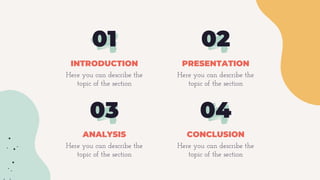01
INTRODUCTION PRESENTATION
Here you can describe the
topic of the section
Here you can describe the
topic of the section
CONCLUSION
Here you can describe the
topic of the section
ANALYSIS
Here you can describe the
topic of the section
03 04
02
 
