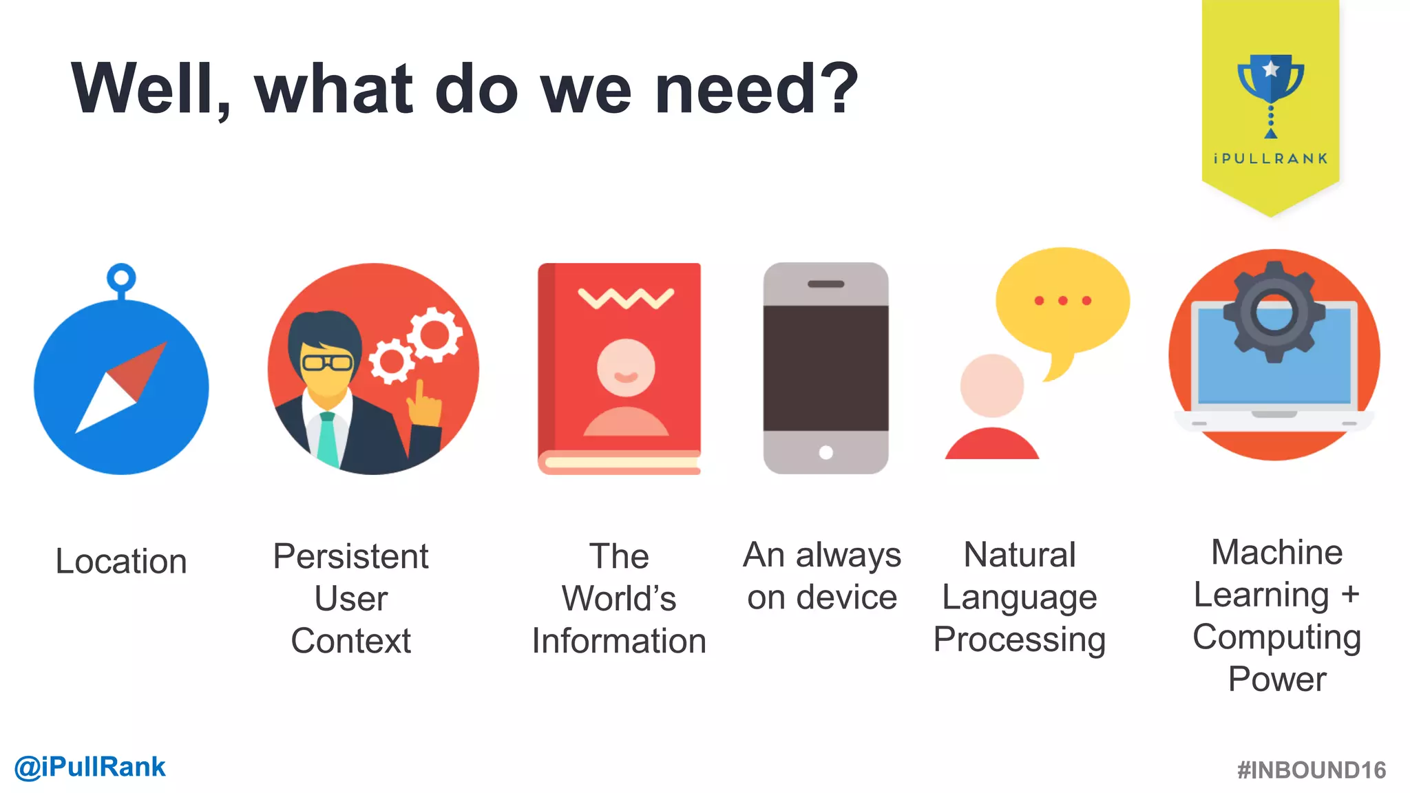 #INBOUND16@iPullRank@iPullRank
Well, what do we need?
Location Persistent
User
Context
The
World’s
Information
An always
on device
Natural
Language
Processing
Machine
Learning +
Computing
Power
 