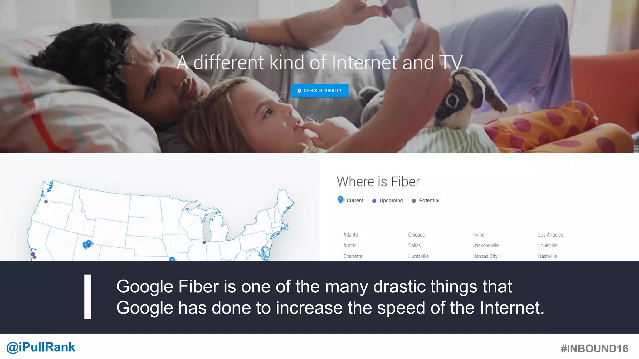 #INBOUND16@iPullRank #INBOUND16
Google Fiber is one of the many drastic things that
Google has done to increase the speed of the Internet.
 