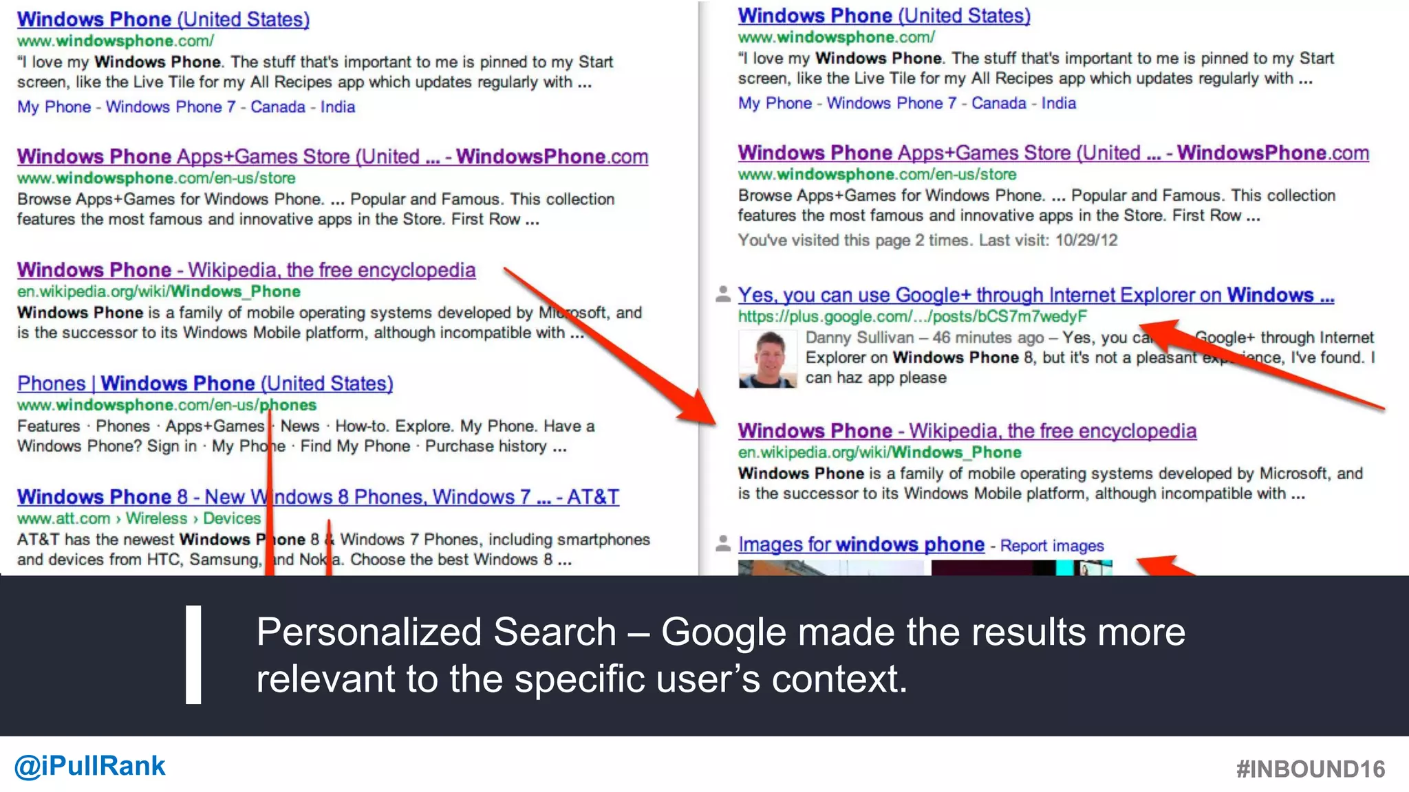 #INBOUND16@iPullRank #INBOUND16
Personalized Search – Google made the results more
relevant to the specific user’s context.
 