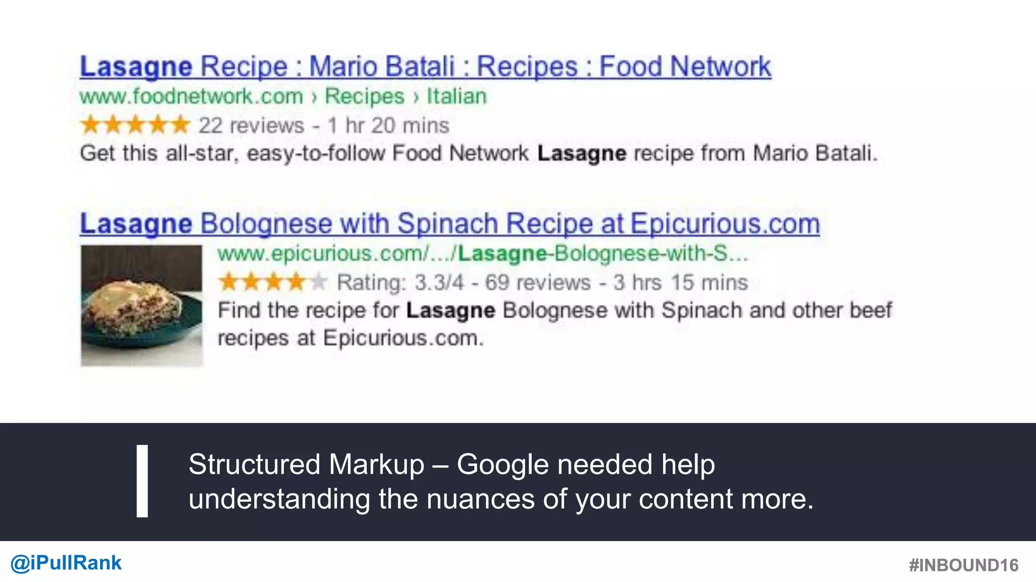 #INBOUND16@iPullRank #INBOUND16
Structured Markup – Google needed help
understanding the nuances of your content more.
 