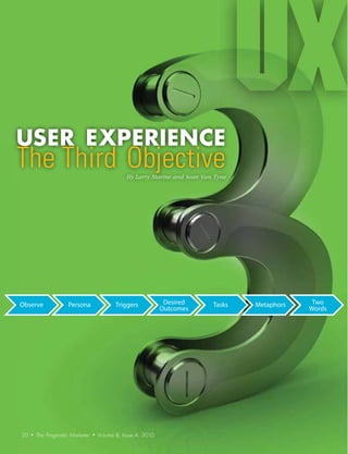 USER EXPERIENCE
                                                                                     UX
The Third Objective                              By Larry Marine and Sean Van Tyne




Observe               Persona                Triggers            Desired     Tasks   Metaphors    Two
                                                                Outcomes                         Words




20   •   The Pragmatic Marketer   •   Volume 8, Issue 4, 2010
 