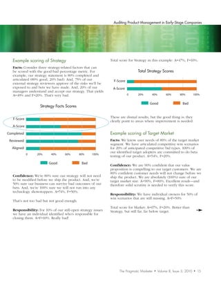 A-Score

                                                               Completed

                                                                Reviewed
                                                                  Auditing Product Management in Early-Stage Companies
                                                                  Aligned
                                                                            0      20%       40%        60%      80%         100%


                                                                                           Good                    Bad




   Example	scoring	of	Strategy                                  Total score for Strategy in this example: A=47%, F=10%.

   Facts: Consider three strategy-related factors that can
   be scored with the good-bad percentage metric. For                              Total Strategy Scores
   example, our strategy statement is 80% completed and
   articulated (80% good, 20% bad). And, 75% of our               F-Score
   external strategy reviewers approve of the risks we’ll be
   exposed to and bets we have made. And, 20% of our             A-Score
   managers understand and accept our strategy. That yields
   A=49% and F=20%. That’s very bad.                                        0      20%       40%        60%      80%         100%


                                                                                           Good                    Bad
                    Strategy Facts Scores

                                                                These are dismal results, butStrategy Scoresthing is: they
                                                                                         Total the good
   F-Score
                                                                clearly point to areas where improvement is needed.
   A-Score

Completed                                                       Example	scoring	of	Target	Market
 Reviewed                                                       Facts: We know user needs of 80% of the target market
                                                                segment. We have articulated competitive win scenarios
  Aligned                                                       for 20% of anticipated competitive bid types. 100% of
                                                                our identified target adopters are committed to do beta
             0    20%      40%         60%      80%    100%
                                                                testing of our product. A=54%, F=20%.
                         Good                    Bad
                                                                Confidence: We are 90% confident that our value
                                                                proposition is compelling to our target customers. We are
                                                                80% confident customer needs will not change before we
   Confidence: We’re 80% sure our strategy will not need        ship the product. We are absolutely (100%) sure of our
   to be modified before we ship the product. And, we’re        target market size. A=90%, F=80%. Excellent result—and
   50% sure our business can survive bad outcomes of our        therefore solid scrutiny is needed to verify this score.
   bets. And, we’re 100% sure we will not run into any
   technology showstoppers. A=74%, F=50%.
                                                                Responsibility: We have individual owners for 50% of
                                                                win scenarios that are still missing. A=F=50%
   That’s not too bad but not good enough.
   F-Score
                                                                Total score for Market: A=67%, F=20%. Better than
  Responsibility: For 10% of our still-open strategy issues
  A-Score                                                       Strategy, but still far, far below target.
  we have an individual identified who’s responsible for
  closing them. A=F=10%. 40%
           0     20%               60%
                          Really bad!       80%     100%


                         Good                    Bad


                        Total Strategy Scores




                                                                      The Pragmatic Marketer   •   Volume 8, Issue 3, 2010   •   15
 
