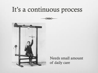 It’s a continuous process
Needs small amount
of daily care
 