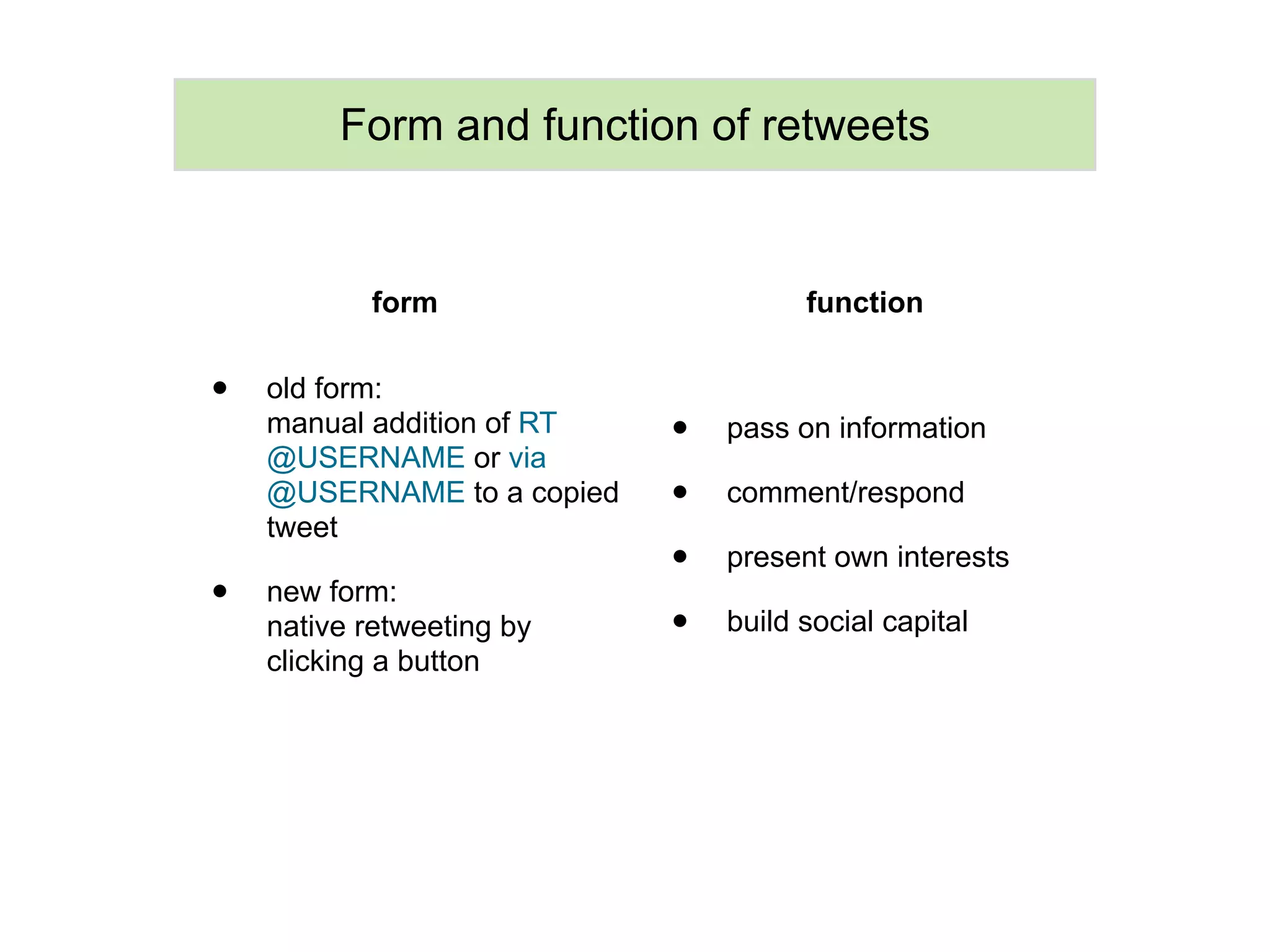 Form and function of retweets


           form                       function


•   old form:
    manual addition of RT
    @USERNAME or via
                            •   pass on information

    @USERNAME to a copied   •   comment/respond
    tweet
                            •   present own interests
•   new form:
    native retweeting by    •   build social capital
    clicking a button
 