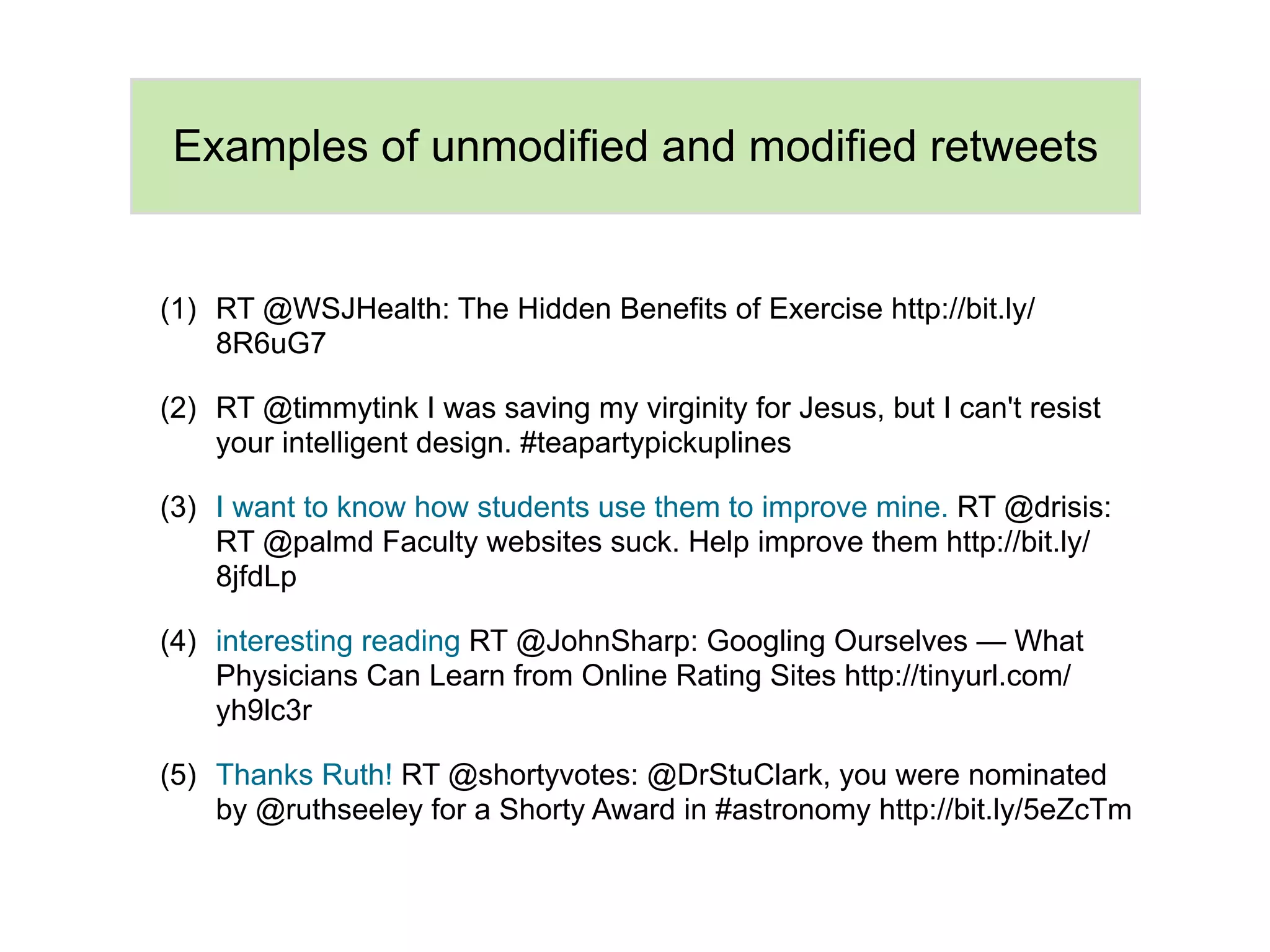 Examples of unmodified and modified retweets


(1) RT @WSJHealth: The Hidden Benefits of Exercise http://bit.ly/
    8R6uG7

(2) RT @timmytink I was saving my virginity for Jesus, but I can't resist
    your intelligent design. #teapartypickuplines

(3) I want to know how students use them to improve mine. RT @drisis:
    RT @palmd Faculty websites suck. Help improve them http://bit.ly/
    8jfdLp

(4) interesting reading RT @JohnSharp: Googling Ourselves — What
    Physicians Can Learn from Online Rating Sites http://tinyurl.com/
    yh9lc3r

(5) Thanks Ruth! RT @shortyvotes: @DrStuClark, you were nominated
    by @ruthseeley for a Shorty Award in #astronomy http://bit.ly/5eZcTm
 