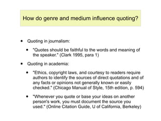 How do genre and medium influence quoting?



•   Quoting in journalism:

    •   "Quotes should be faithful to the words ...