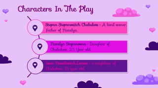 Characters In The Play
Stepan Stepanovitch Chubukov - A land owner,
Father of Natalya.
Natalya Stepanovna - Daughter of
Chubukov, 25 Year old.
Ivan Vassilevitch Lomov - a neighbour of
Chubukov, 35 year old.
 
