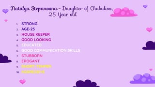 Natalya Stepanovna - Daughter of Chubukov,
25 Year old
1. STRONG
2. AGE-25
3. HOUSE KEEPER
4. GOOD LOOKING
5. EDUCATED
6. GOOD COMMUNICATION SKILLS
7. STUBBORN
8. EROGANT
9. SHORT-TEMPER
10. AGGRESSIVE
 