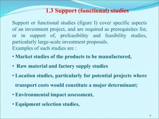 9
1.3 Support (functional) studies
Support or functional studies (figure I) cover specific aspects
of an investment project, and are required as prerequisites for,
or in support of, prefeasibility and feasibility studies,
particularly large-scale investment proposals.
Examples of such studies are :
• Market studies of the products to be manufactured,
• Raw material and factory supply studies
• Location studies, particularly for potential projects where
transport costs would constitute a major determinant;
• Environmental impact assessment,
• Equipment selection studies,
 