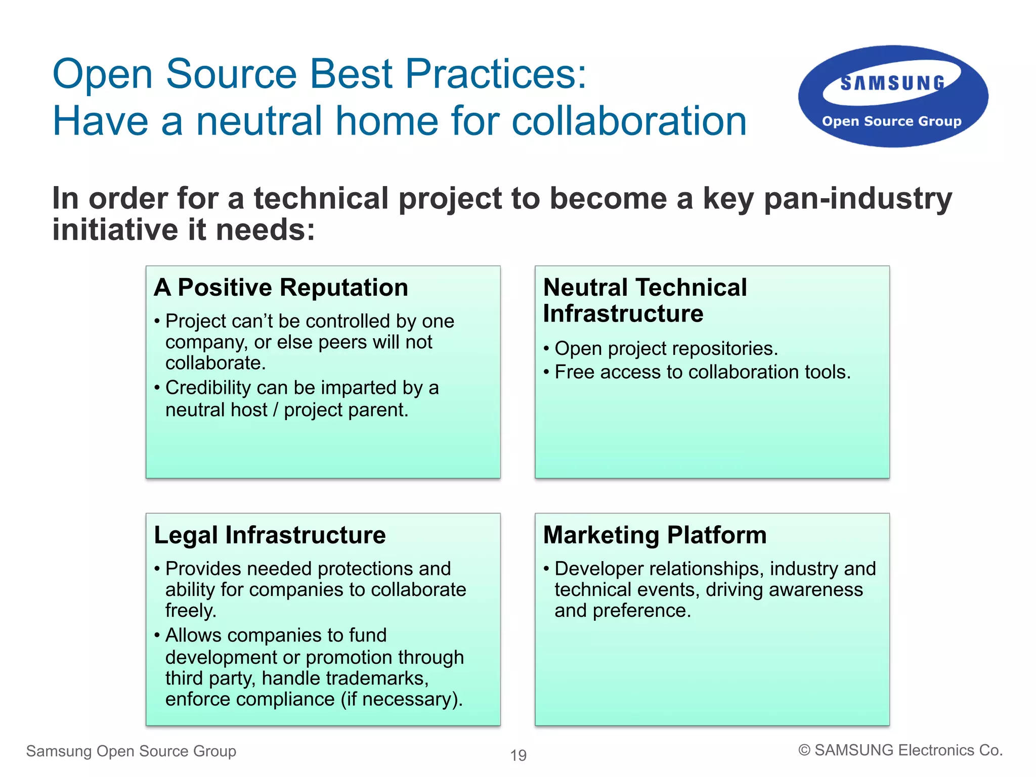 19
Open Source Best Practices:
Have a neutral home for collaboration
In order for a technical project to become a key pan-industry
initiative it needs:
A Positive Reputation
• Project can’t be controlled by one
company, or else peers will not
collaborate.
• Credibility can be imparted by a
neutral host / project parent.
Neutral Technical
Infrastructure
• Open project repositories.
• Free access to collaboration tools.
Legal Infrastructure
• Provides needed protections and
ability for companies to collaborate
freely.
• Allows companies to fund
development or promotion through
third party, handle trademarks,
enforce compliance (if necessary).
Marketing Platform
• Developer relationships, industry and
technical events, driving awareness
and preference.
Samsung Open Source Group © SAMSUNG Electronics Co.
 