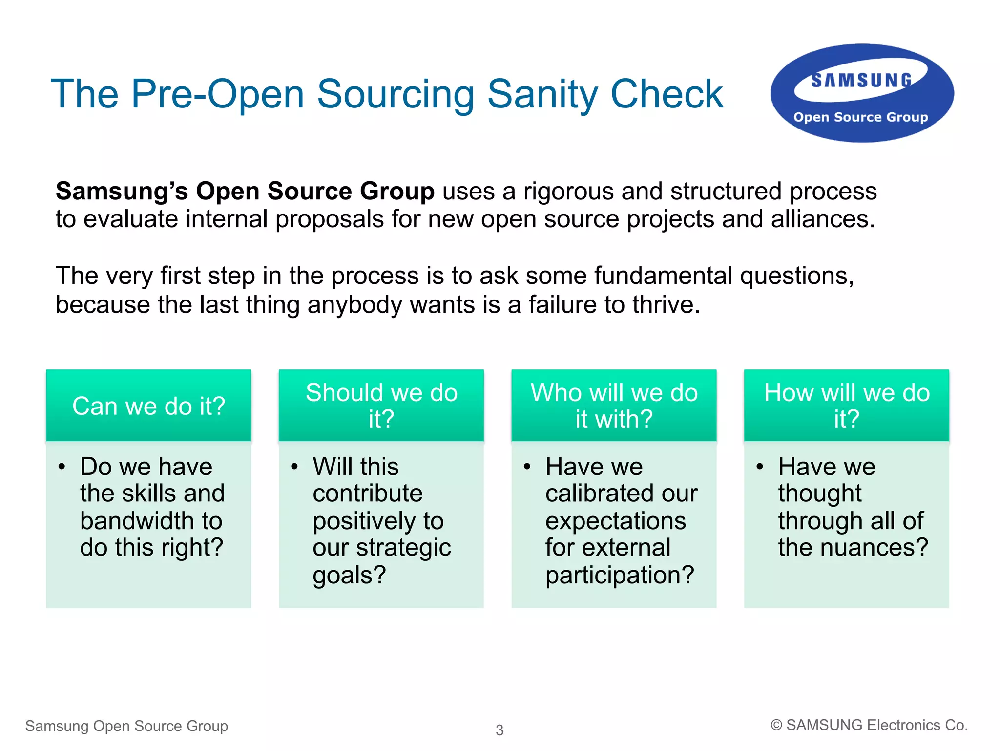 3
The Pre-Open Sourcing Sanity Check
Can we do it?
•  Do we have
the skills and
bandwidth to
do this right?
Should we do
it?
•  Will this
contribute
positively to
our strategic
goals?
Who will we do
it with?
•  Have we
calibrated our
expectations
for external
participation?
How will we do
it?
•  Have we
thought
through all of
the nuances?
Samsung Open Source Group © SAMSUNG Electronics Co.
Samsung’s Open Source Group uses a rigorous and structured process
to evaluate internal proposals for new open source projects and alliances.
The very first step in the process is to ask some fundamental questions,
because the last thing anybody wants is a failure to thrive.
 