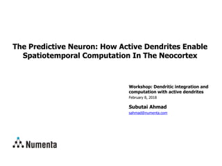 Workshop: Dendritic integration and
computation with active dendrites
February 8, 2018
Subutai Ahmad
sahmad@numenta.com
The Predictive Neuron: How Active Dendrites Enable
Spatiotemporal Computation In The Neocortex
 