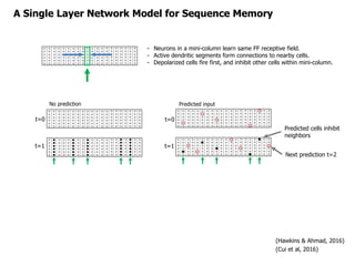 A Single Layer Network Model for Sequence Memory
- Neurons in a mini-column learn same FF receptive field.
- Active dendri...