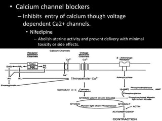 • Calcium channel blockers
– Inhibits entry of calcium though voltage
dependent Ca2+ channels.
• Nifedipine
– Abolish uterine activity and prevent delivery with minimal
toxicity or side effects.
 
