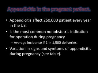 • Appendicitis affect 250,000 patient every year
in the US.
• Is the most common nonobstetric indication
for operation during pregnancy
– Average incidence if 1 in 1,500 deliveries.
• Variation in signs and symtoms of appendicitis
during pregnancy (see table).
 