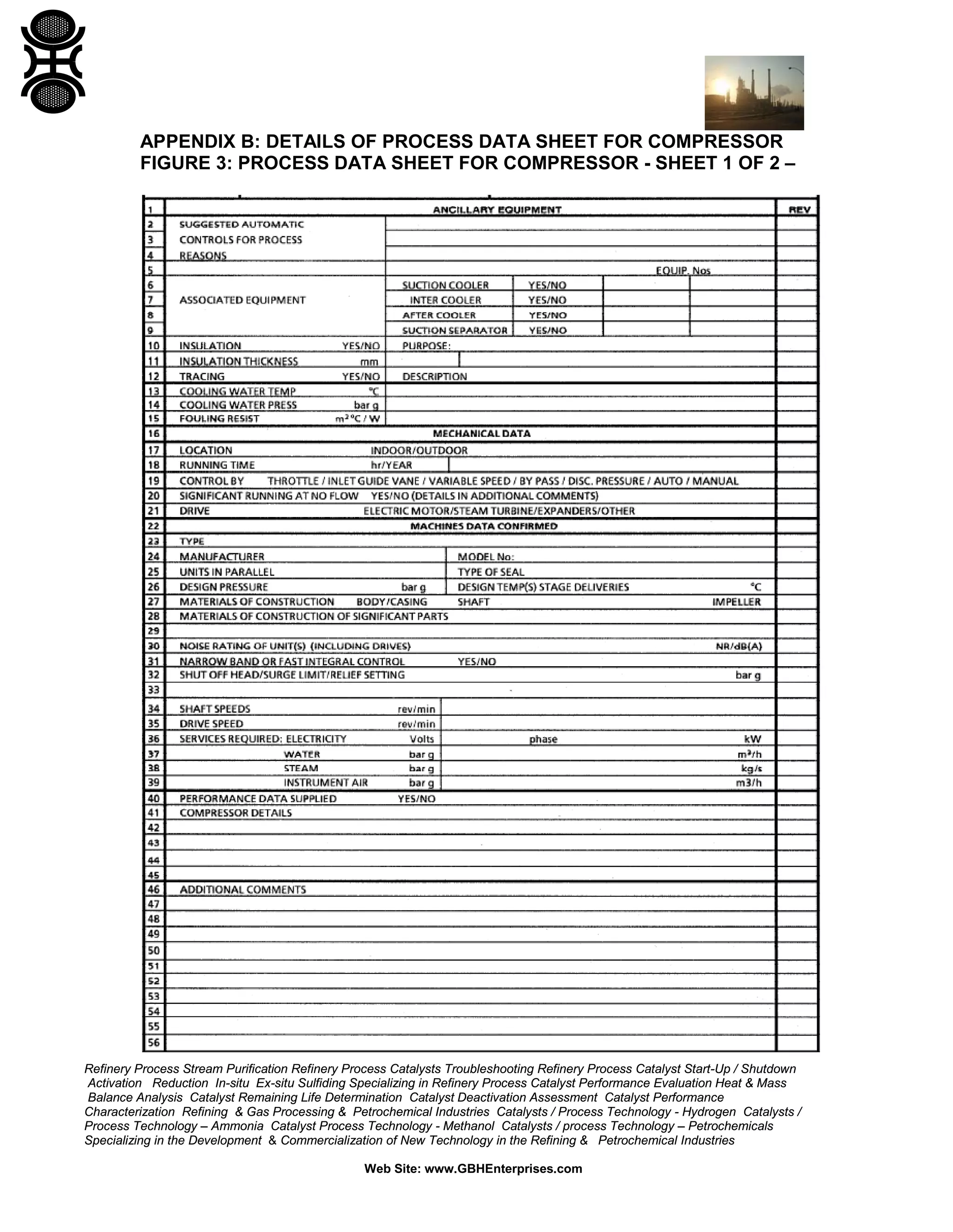 APPENDIX B: DETAILS OF PROCESS DATA SHEET FOR COMPRESSOR
FIGURE 3: PROCESS DATA SHEET FOR COMPRESSOR - SHEET 1 OF 2 –

Refinery Process Stream Purification Refinery Process Catalysts Troubleshooting Refinery Process Catalyst Start-Up / Shutdown
Activation Reduction In-situ Ex-situ Sulfiding Specializing in Refinery Process Catalyst Performance Evaluation Heat & Mass
Balance Analysis Catalyst Remaining Life Determination Catalyst Deactivation Assessment Catalyst Performance
Characterization Refining & Gas Processing & Petrochemical Industries Catalysts / Process Technology - Hydrogen Catalysts /
Process Technology – Ammonia Catalyst Process Technology - Methanol Catalysts / process Technology – Petrochemicals
Specializing in the Development & Commercialization of New Technology in the Refining & Petrochemical Industries
Web Site: www.GBHEnterprises.com

 