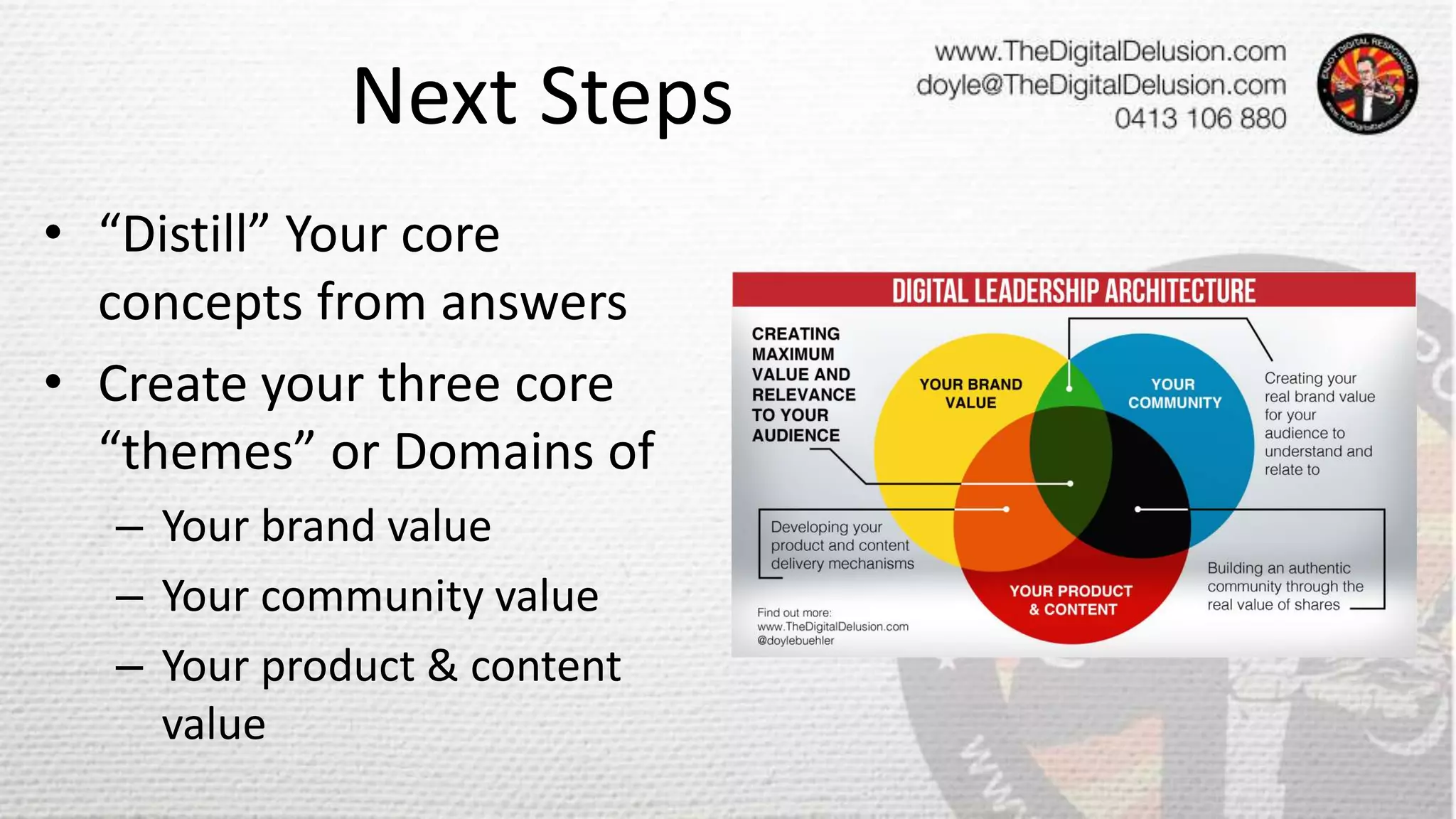 Next Steps
• “Distill” Your core
concepts from answers
• Create your three core
“themes” or Domains of
– Your brand value
– Your community value
– Your product & content
value
 