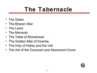 The Tabernacle
•   The Gates
•   The Brazen Altar
•   The Laver
•   The Menorah
•   The Table of Showbread
•   The Golden Altar of Incense
•   The Holy of Holies and the Veil
•   The Ark of the Covenant and Atonement Cover




                            8
 
