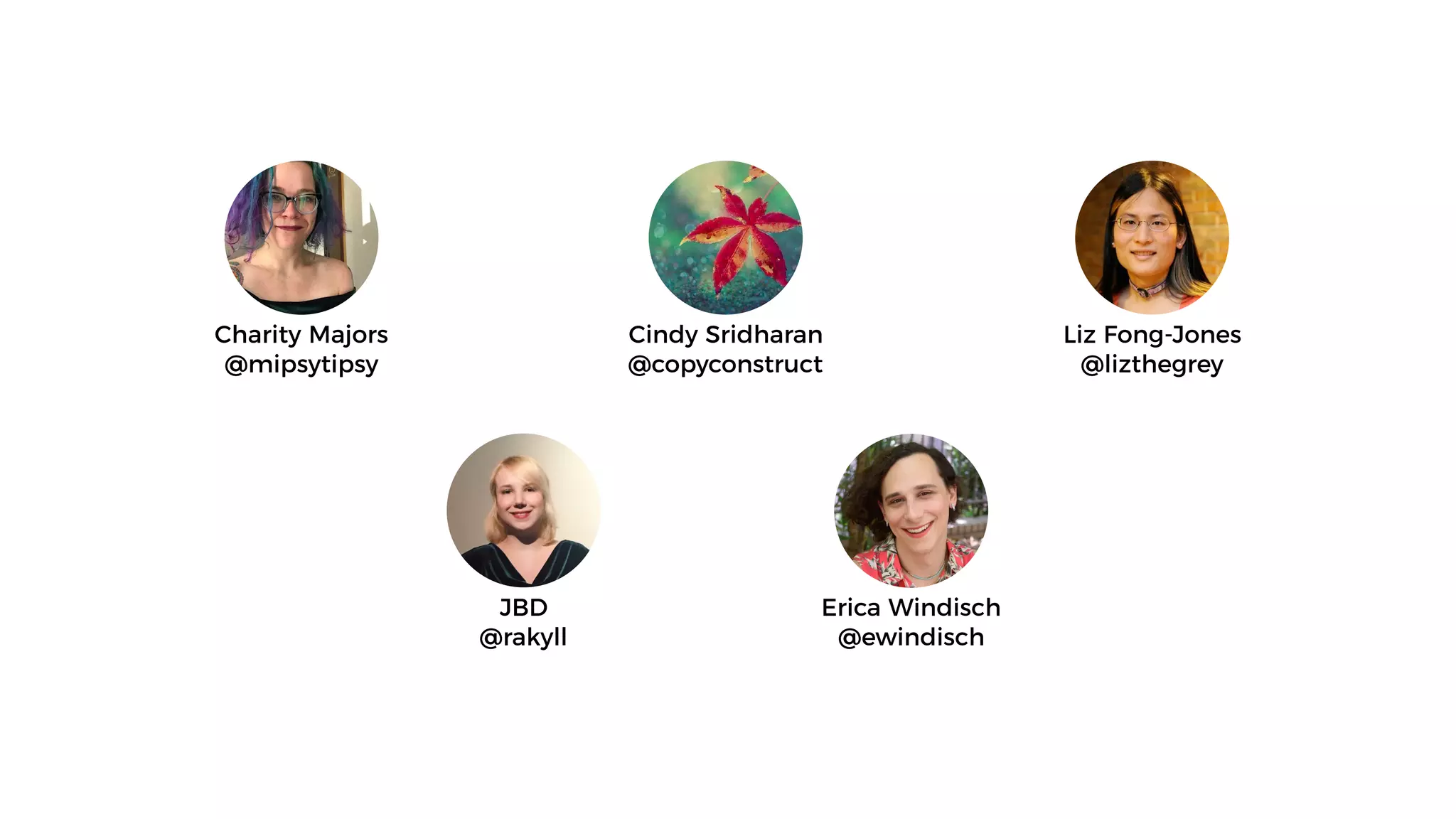 Charity Majors
@mipsytipsy
Cindy Sridharan
@copyconstruct
Erica Windisch
@ewindisch
Liz Fong-Jones
@lizthegrey
JBD
@rakyll
 
