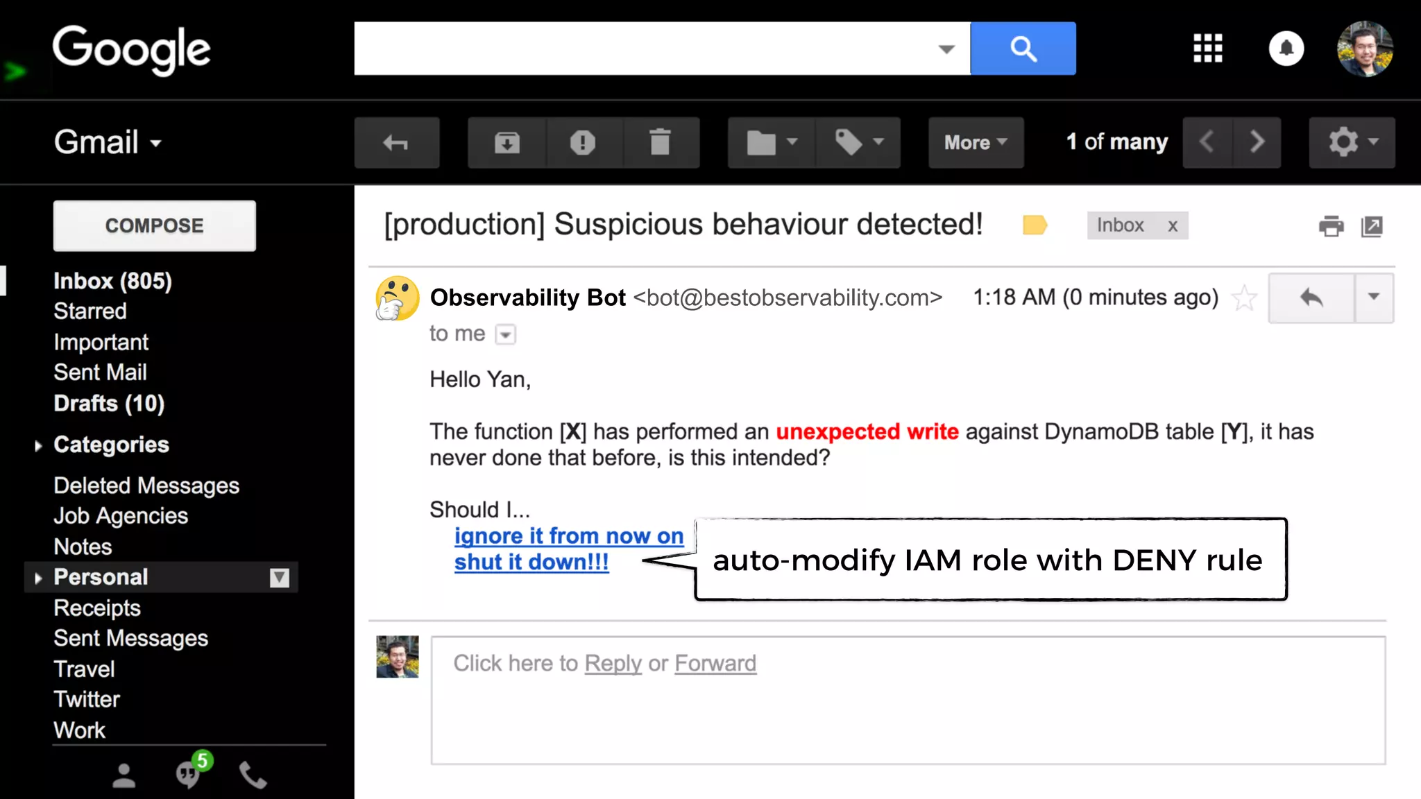 Observability Bot <bot@bestobservability.com>
auto-modify IAM role with DENY rule
 
