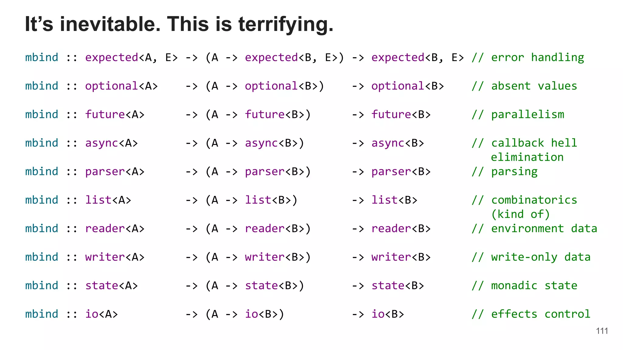 111
It’s inevitable. This is terrifying.
mbind :: expected<A, E> -> (A -> expected<B, E>) -> expected<B, E> // error handling
mbind :: optional<A> -> (A -> optional<B>) -> optional<B> // absent values
mbind :: future<A> -> (A -> future<B>) -> future<B> // parallelism
mbind :: async<A> -> (A -> async<B>) -> async<B> // callback hell
elimination
mbind :: parser<A> -> (A -> parser<B>) -> parser<B> // parsing
mbind :: list<A> -> (A -> list<B>) -> list<B> // combinatorics
(kind of)
mbind :: reader<A> -> (A -> reader<B>) -> reader<B> // environment data
mbind :: writer<A> -> (A -> writer<B>) -> writer<B> // write-only data
mbind :: state<A> -> (A -> state<B>) -> state<B> // monadic state
mbind :: io<A> -> (A -> io<B>) -> io<B> // effects control
 