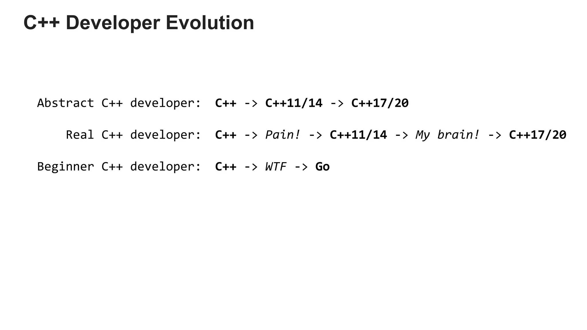 C++ -> C++11/14 -> C++17/20
C++ -> Pain! -> C++11/14 -> My brain! -> C++17/20
C++ -> WTF -> Go
Abstract C++ developer:
Real C++ developer:
Beginner C++ developer:
C++ Developer Evolution
 