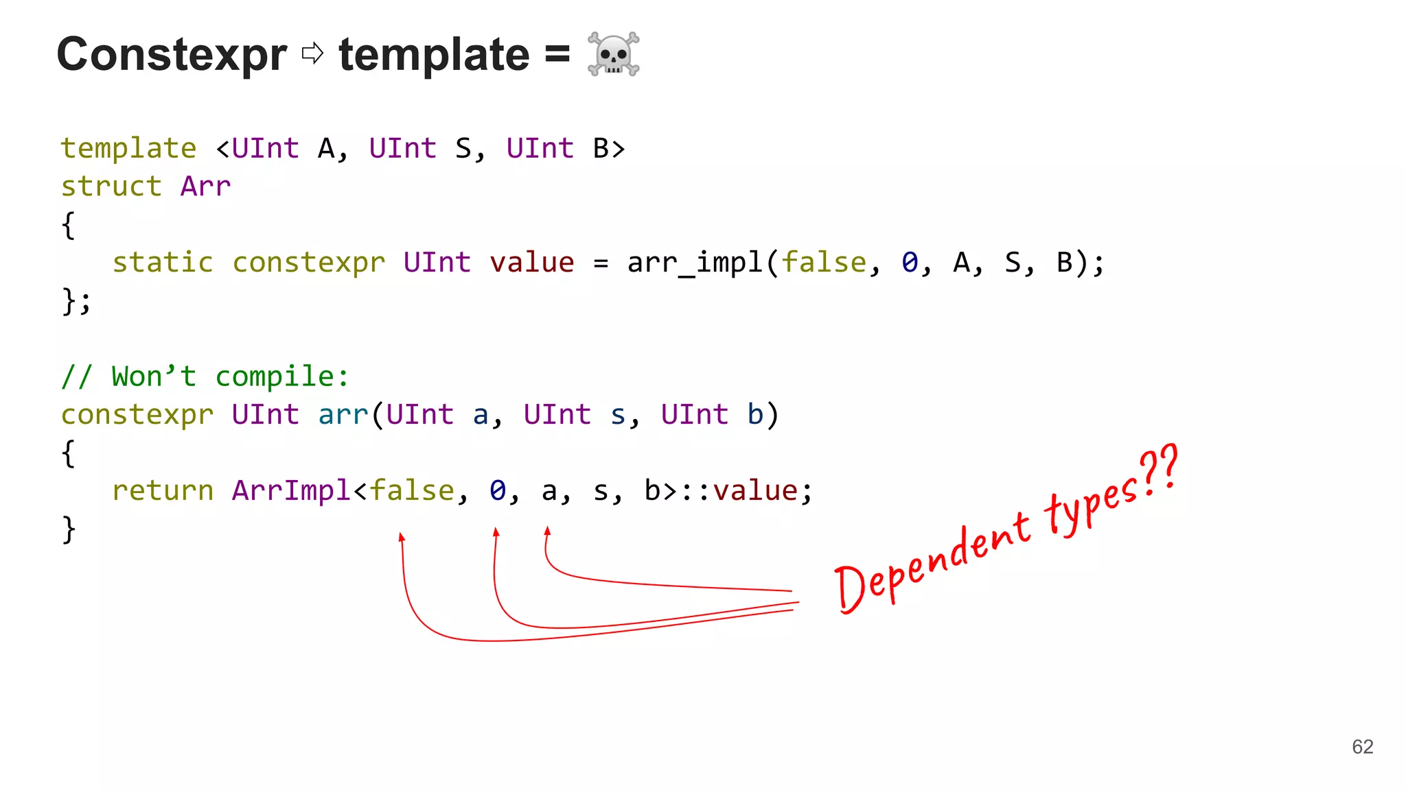 Constexpr ⇨ template = ☠
template <UInt A, UInt S, UInt B>
struct Arr
{
static constexpr UInt value = arr_impl(false, 0, A, S, B);
};
// Won’t compile:
constexpr UInt arr(UInt a, UInt s, UInt b)
{
return ArrImpl<false, 0, a, s, b>::value;
}
62
Dependent types??
 