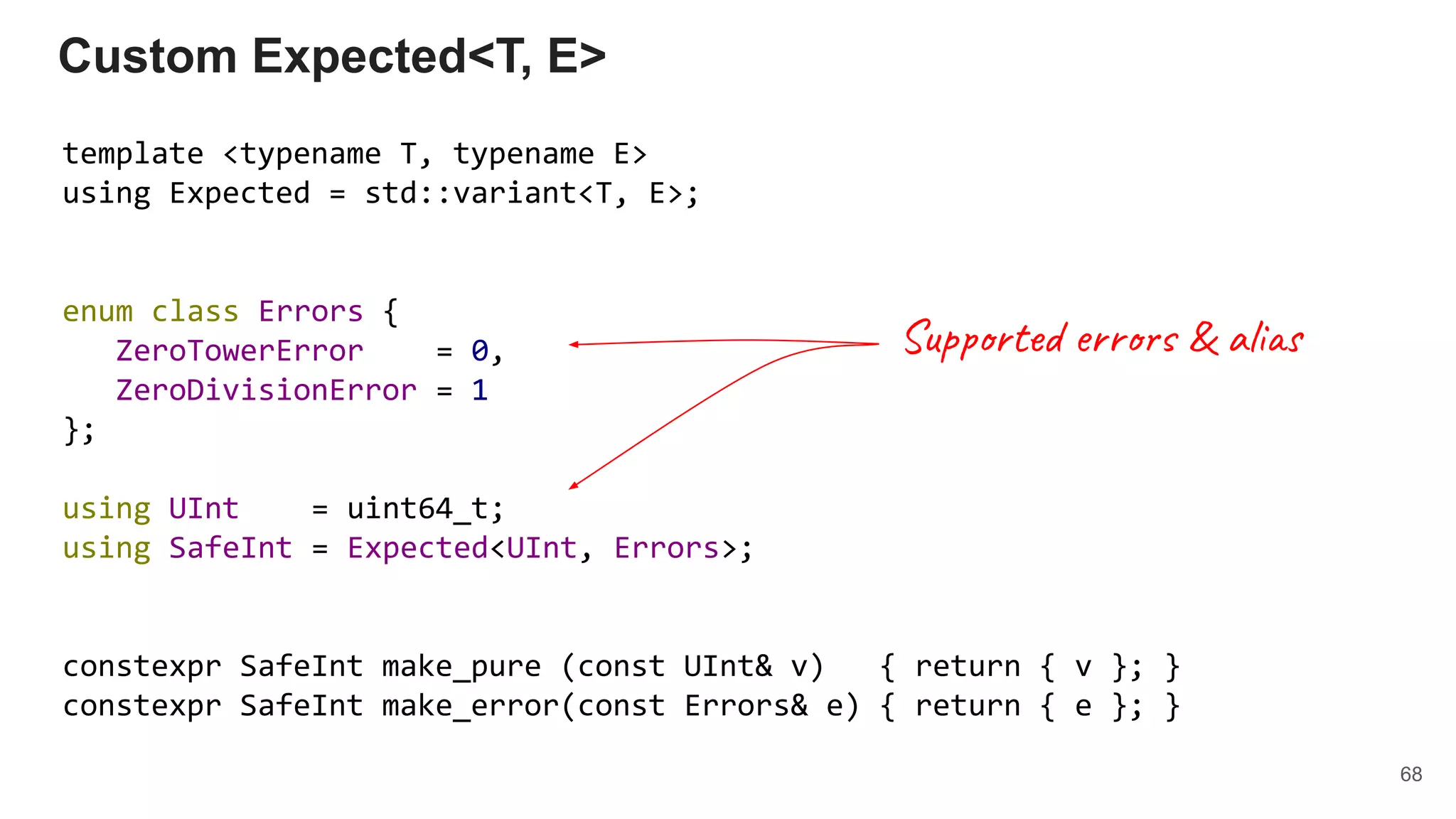 template <typename T, typename E>
using Expected = std::variant<T, E>;
enum class Errors {
ZeroTowerError = 0,
ZeroDivisionError = 1
};
using UInt = uint64_t;
using SafeInt = Expected<UInt, Errors>;
constexpr SafeInt make_pure (const UInt& v) { return { v }; }
constexpr SafeInt make_error(const Errors& e) { return { e }; }
Custom Expected<T, E>
68
Supported errors & alias
 