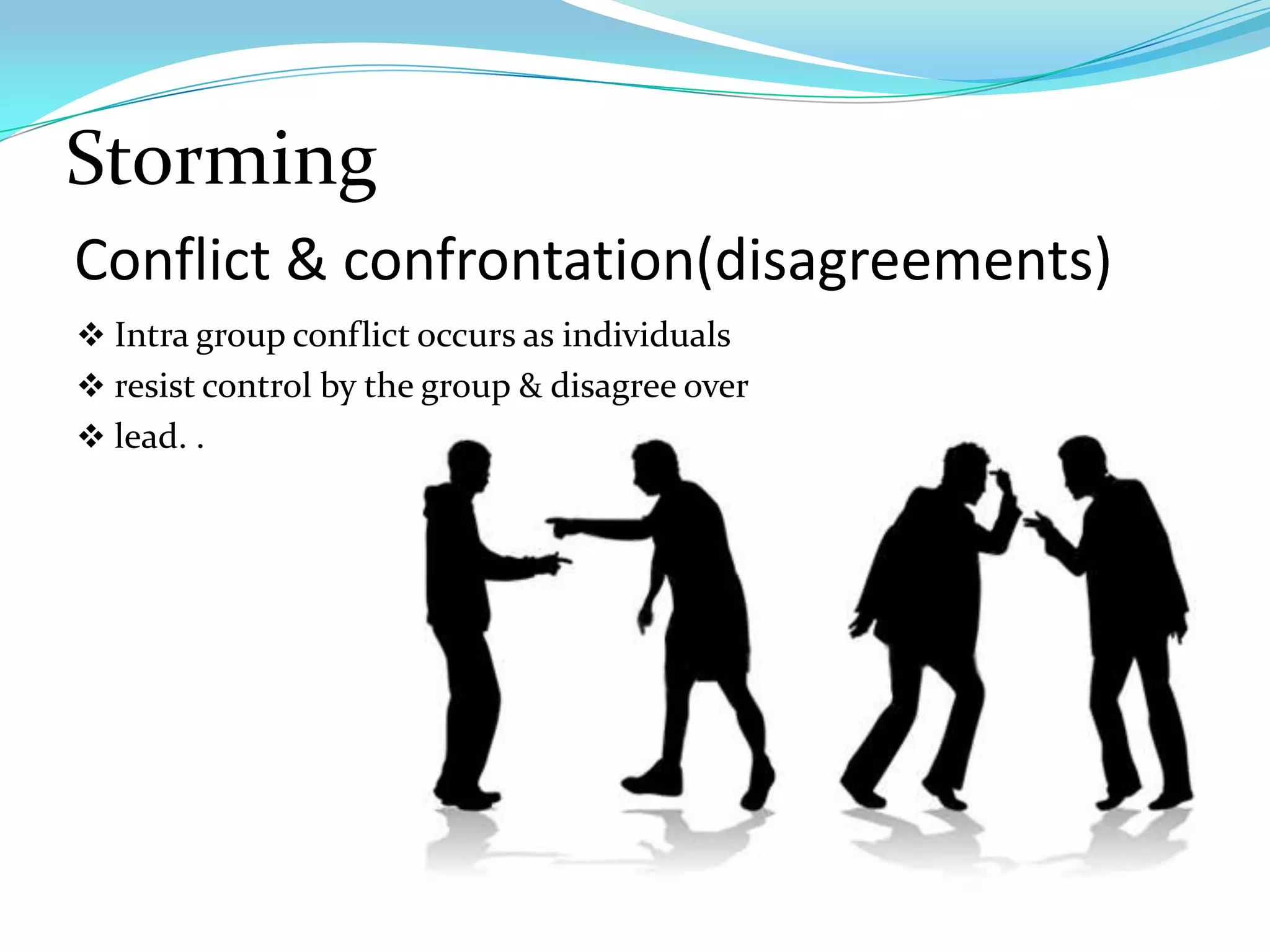 Storming
Conflict & confrontation(disagreements)
 Intra group conflict occurs as individuals
 resist control by the group & disagree over
 lead. .
 