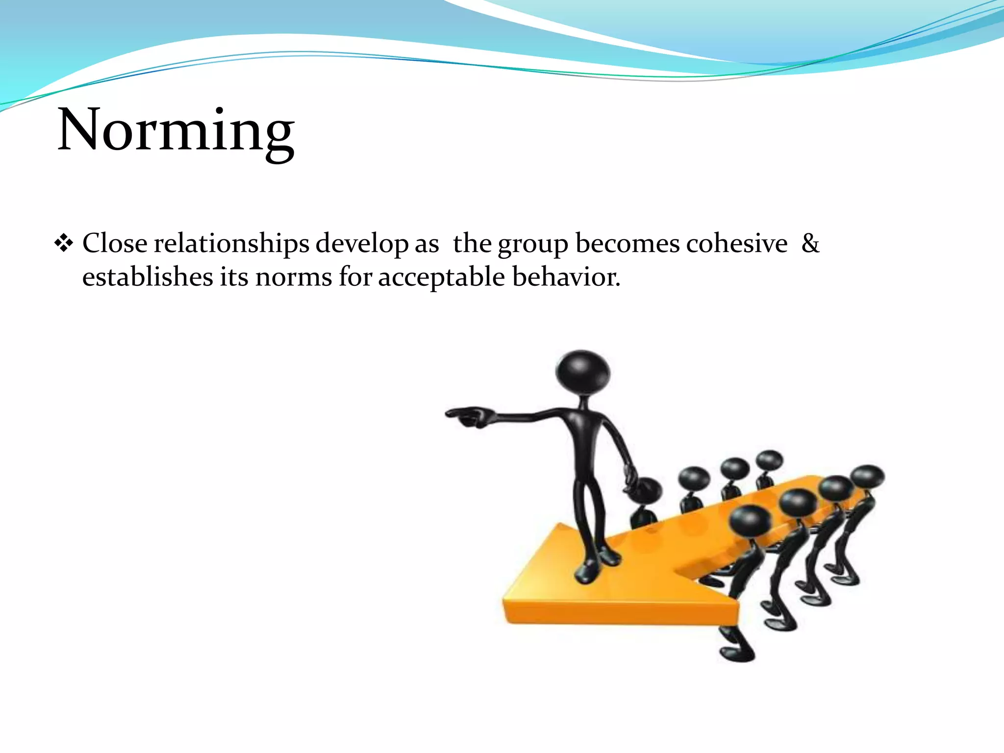 Norming
 Close relationships develop as the group becomes cohesive &
  establishes its norms for acceptable behavior.
 