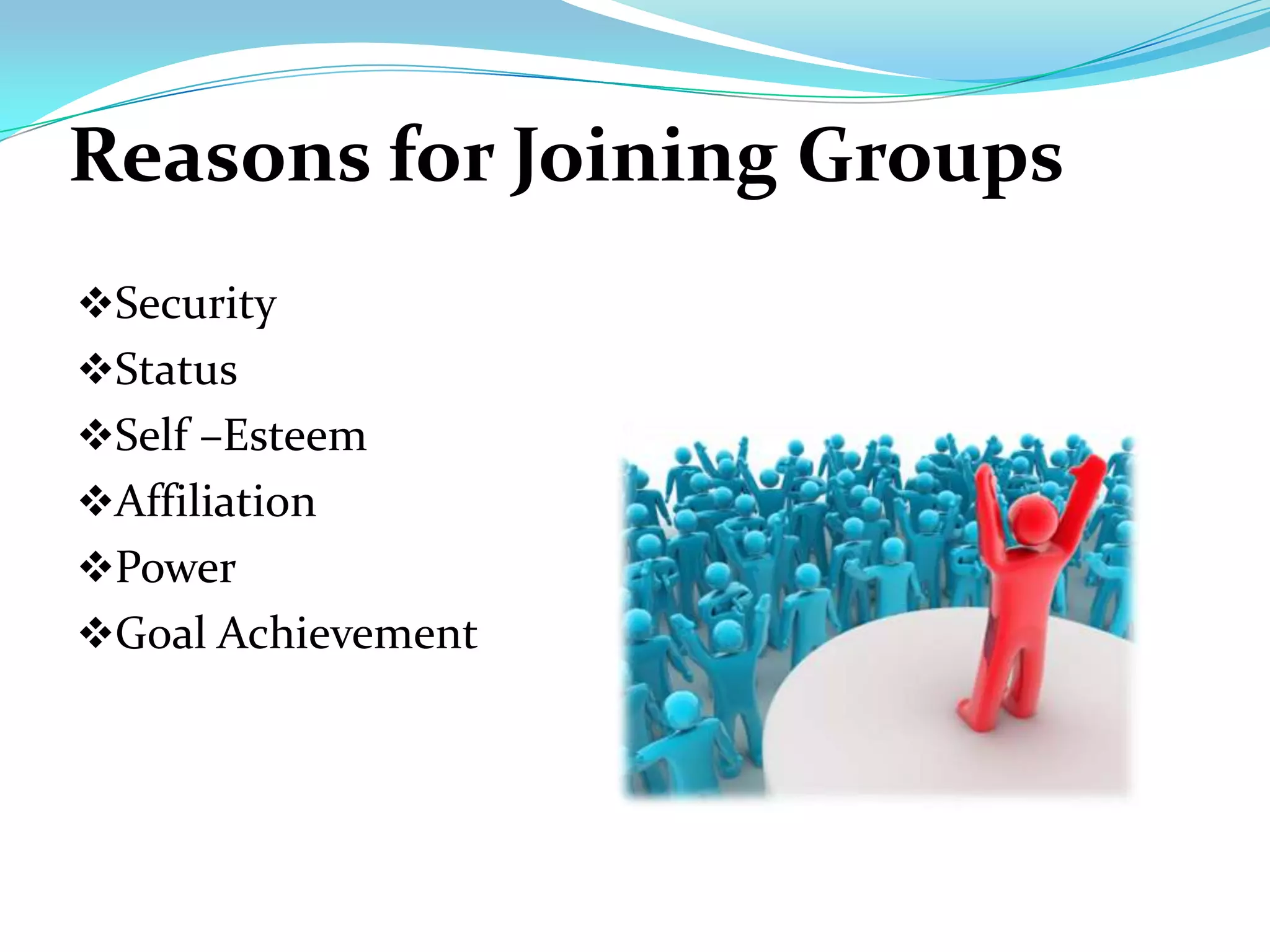 Reasons for Joining Groups
Security
Status
Self –Esteem
Affiliation
Power
Goal Achievement
 