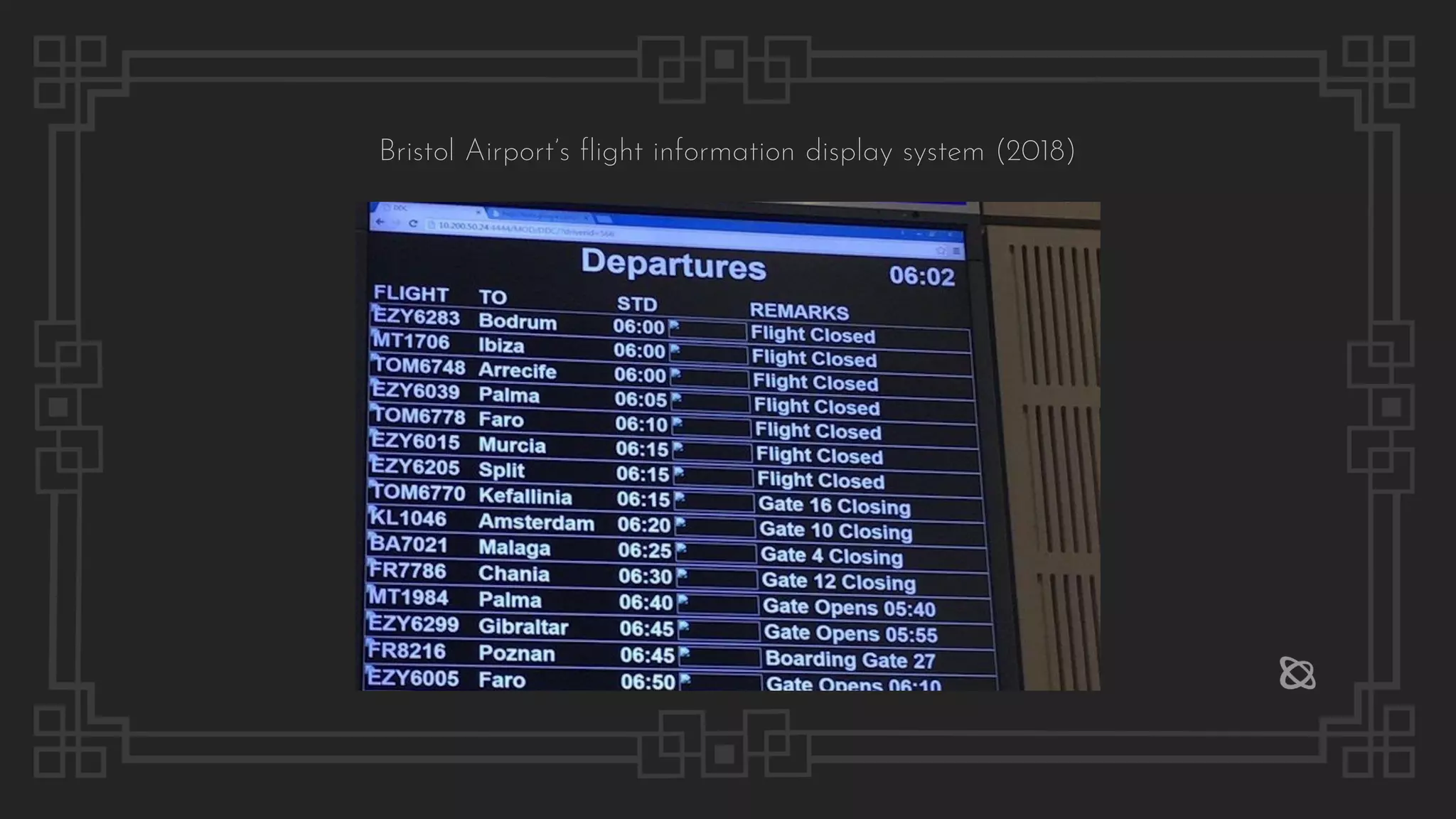Bristol Airport’s flight information display system (2018)
 