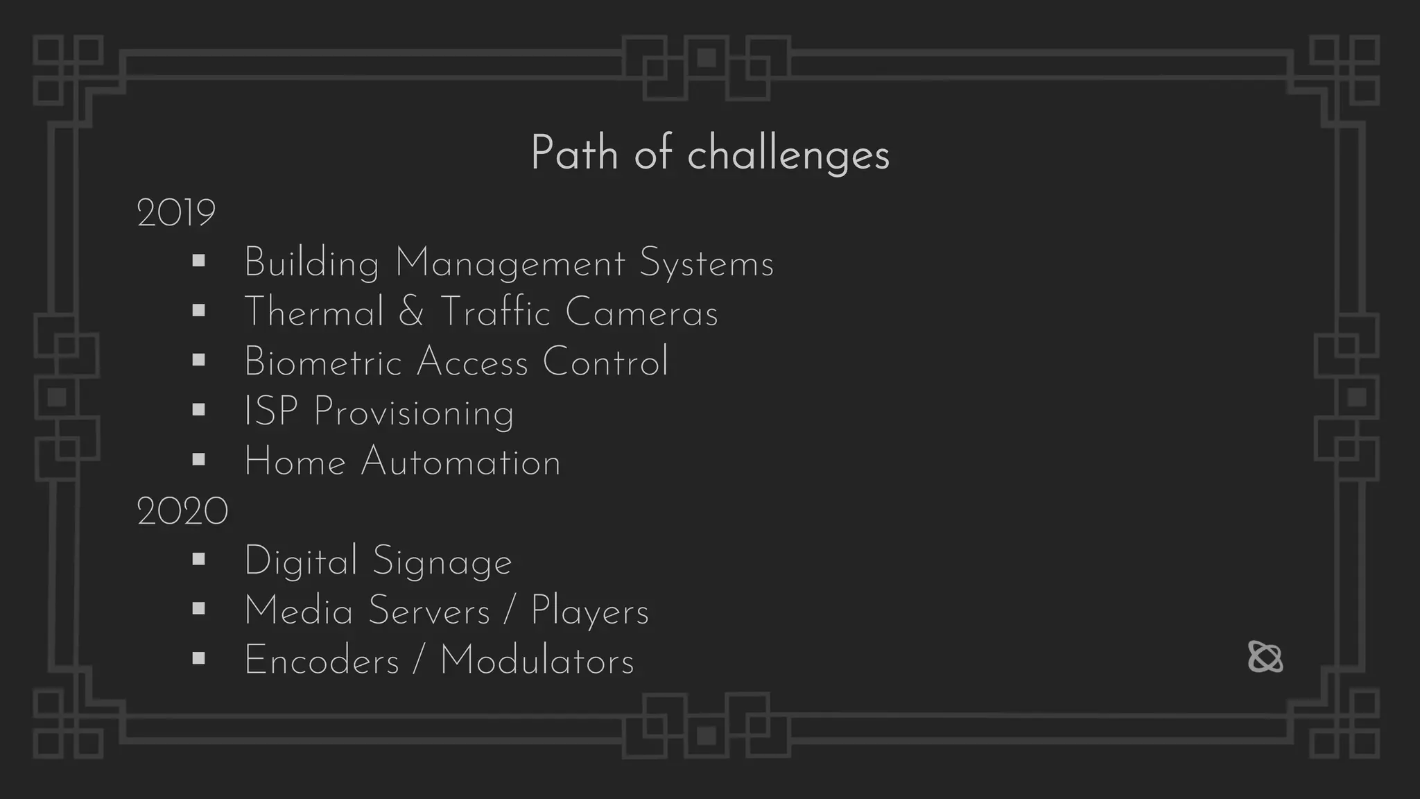 2019
▪ Building Management Systems
▪ Thermal & Traffic Cameras
▪ Biometric Access Control
▪ ISP Provisioning
▪ Home Automation
2020
▪ Digital Signage
▪ Media Servers / Players
▪ Encoders / Modulators
Path of challenges
 